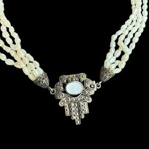VTG VICTORIAN REVIVAL DECO 925 MARCASITE FRESH WATER PEARL MULTI STRAND NECKLACE